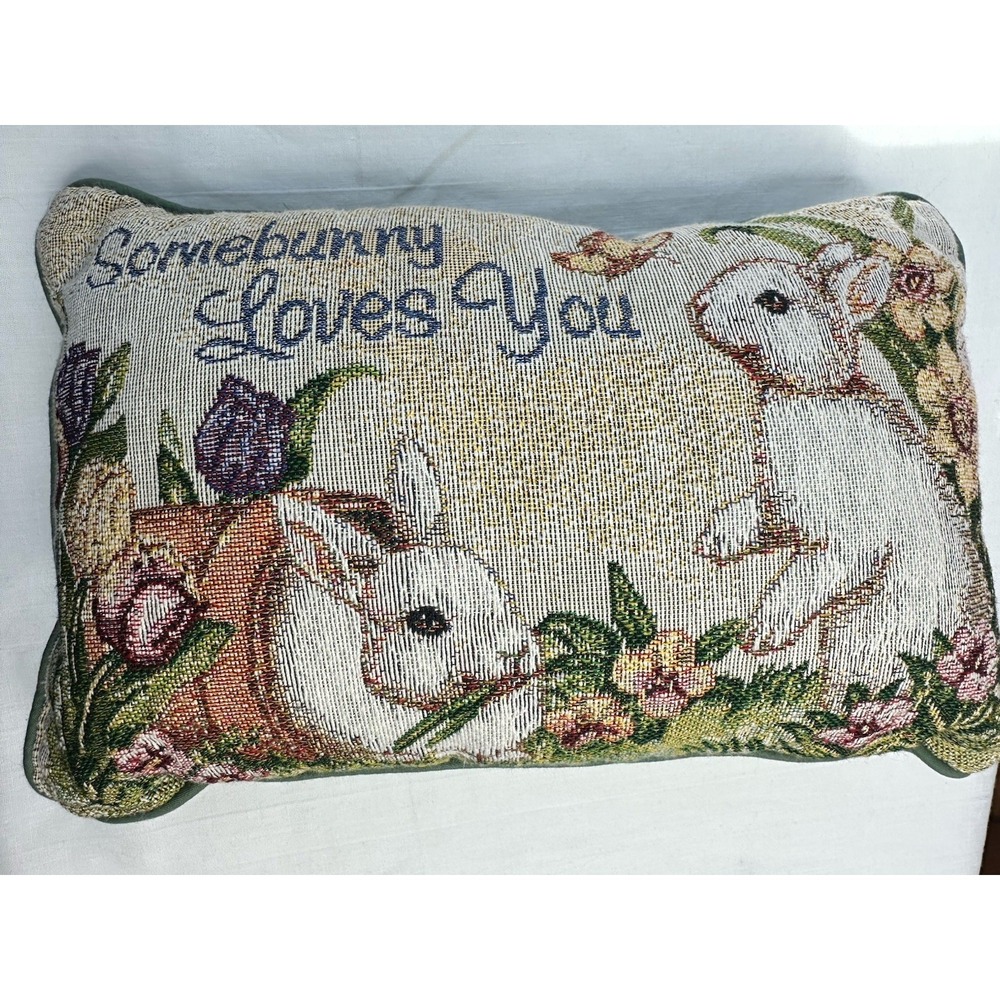 VTG Tapestry Accent Pillow Some Bunny Loves You 13‎ X 8" Retro Clean